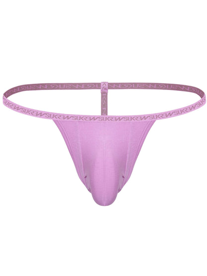 A single-piece men's thong in a light lavender-pink color, featuring a wide elastic waistband with a repeating 'WALKER' brand logo and a matching pouch.