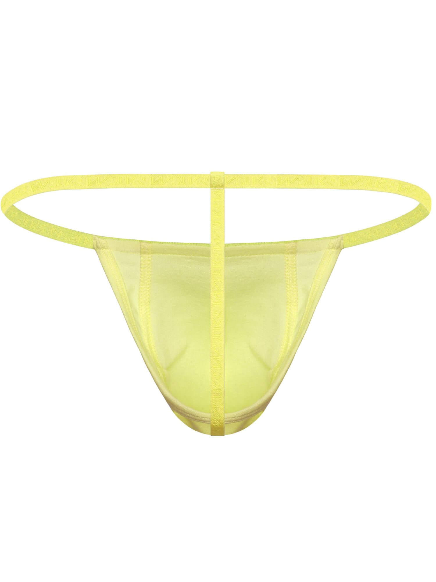 A pair of thong underwear in a pale neon yellow color, shown against a plain white background.