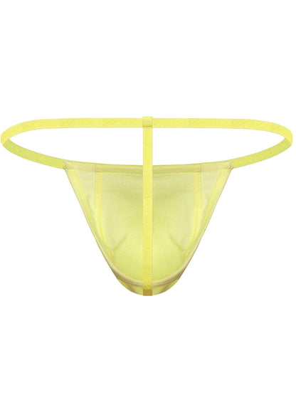 A pair of thong underwear in a pale neon yellow color, shown against a plain white background.