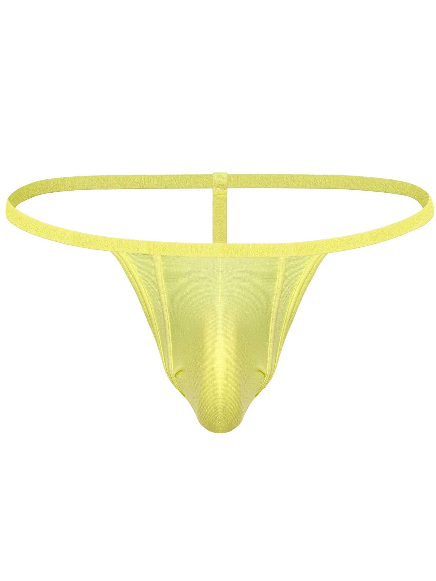 A single-piece men's thong in a bright yellow color, shown against a plain white background.