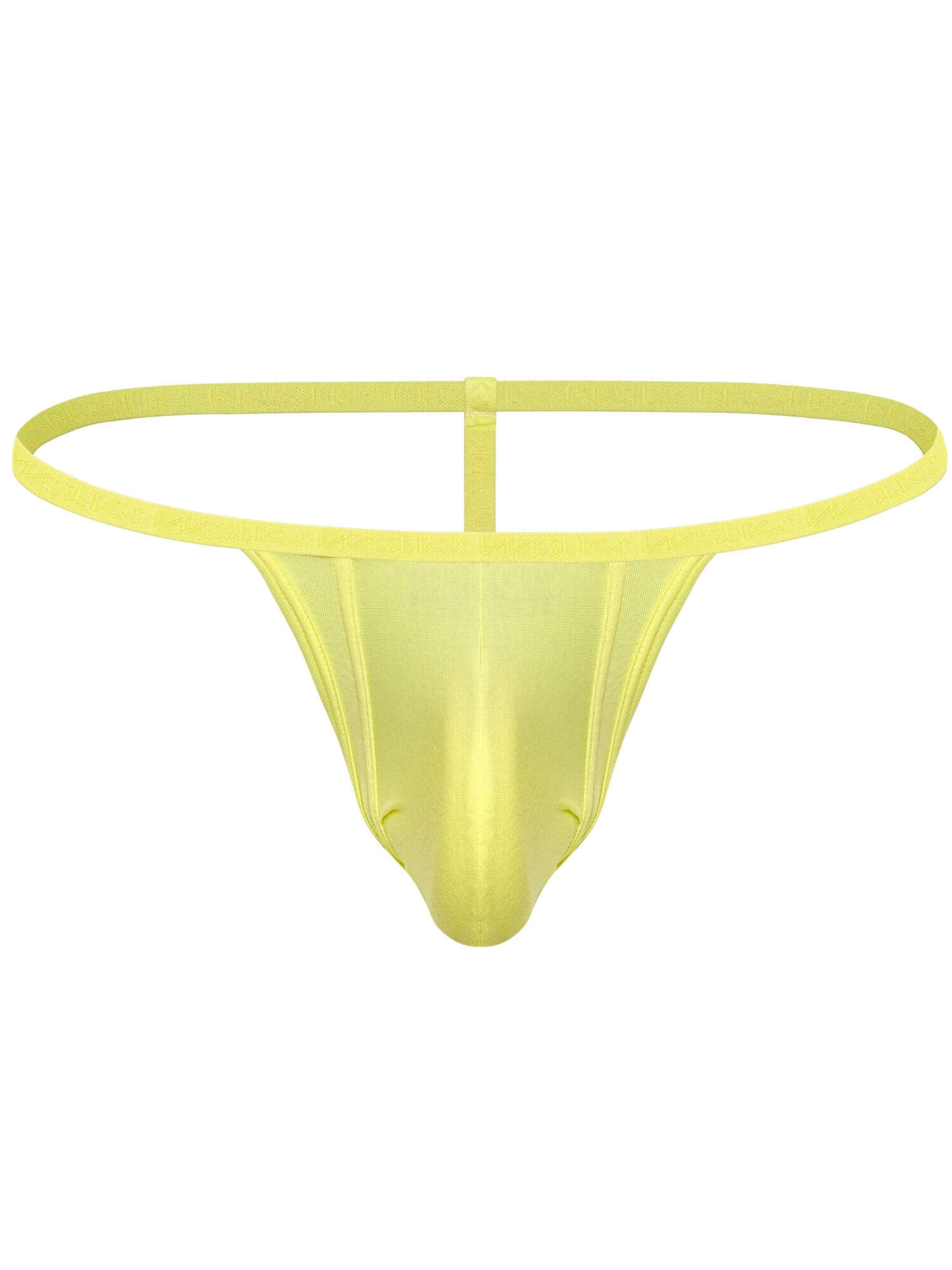 A single-piece men's thong in a bright yellow color, shown against a plain white background.