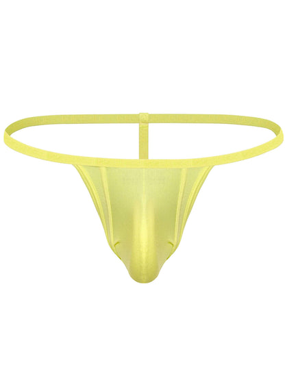 A single-piece men's thong in a bright yellow color, shown against a plain white background.