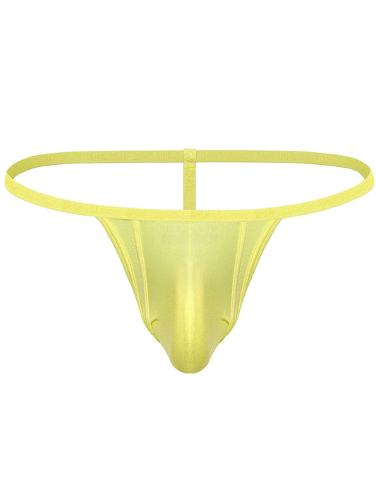 A single-piece men's thong in a bright yellow color, shown against a plain white background.
