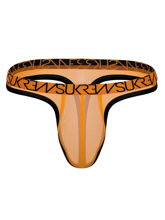 A men's thong-style underwear brief in sheer peach mesh with a black and orange patterned elastic waistband, shown on a plain white background.