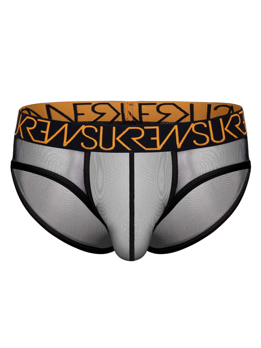 Men's mesh briefs in gray and black with a wide orange and black elastic waistband featuring the brand name 'SUKREW' in orange.