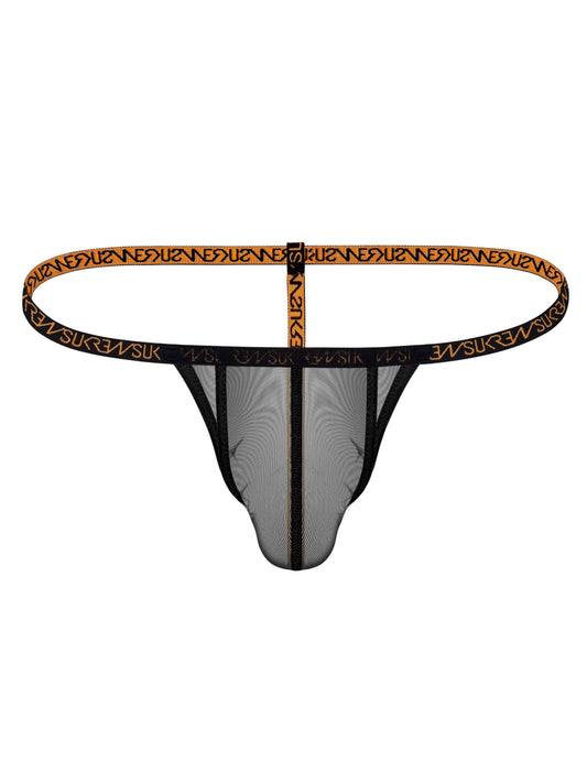 Black mesh thong underwear with a wide elastic waistband featuring a repeating orange and black 'SUKREW' logo pattern, shown against a plain white background.