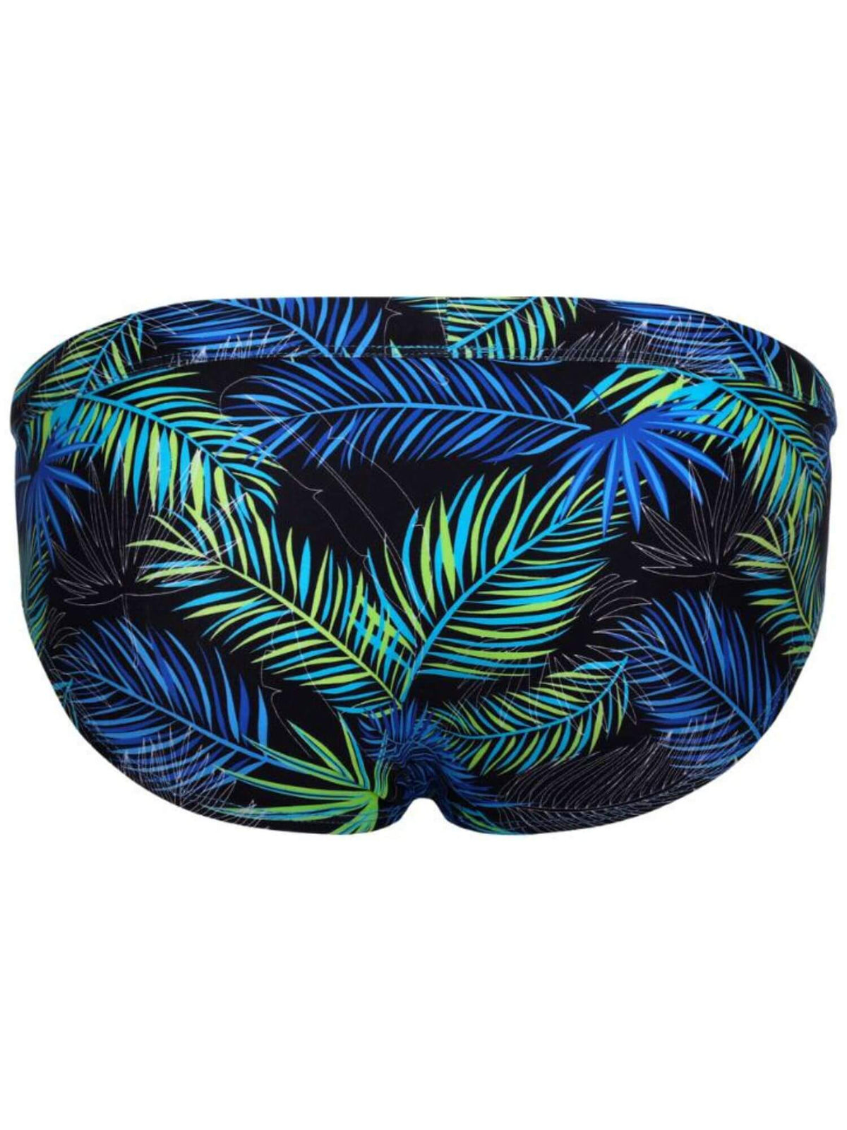 A swim brief featuring a vibrant tropical palm leaf pattern in shades of blue, green, and yellow on a black background, shown against a plain white backdrop.