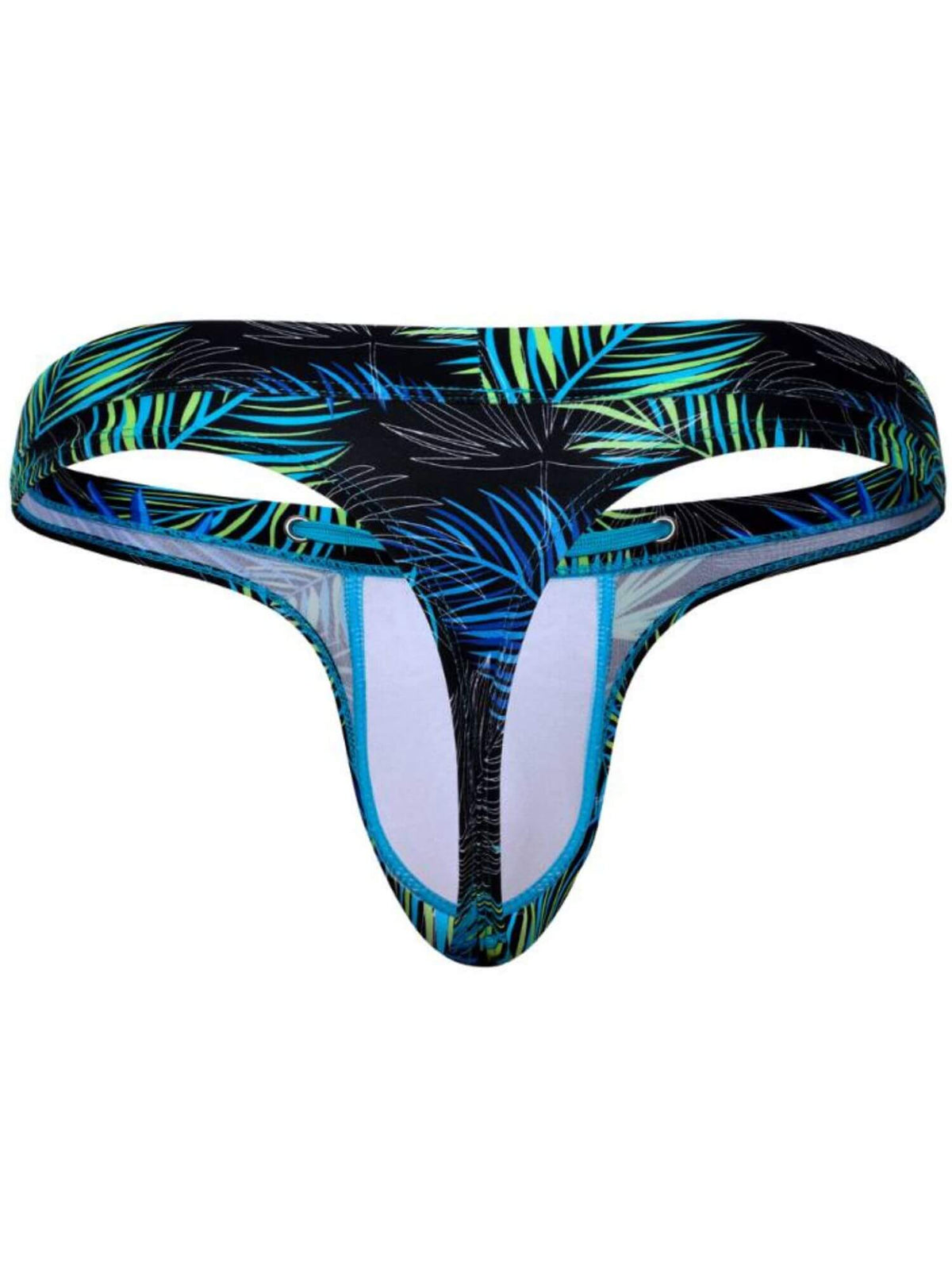 Men's low-rise swim thong featuring a vibrant tropical palm leaf print in black, blue, and green, with a light blue interior lining.