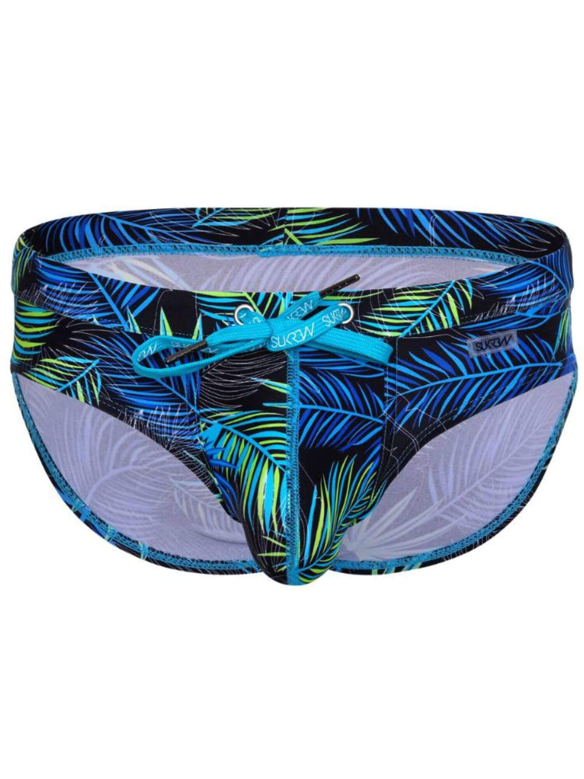 Men's swim briefs featuring a tropical palm leaf pattern in blue, black, and green, with a turquoise drawstring bow and a sheer mesh lining.