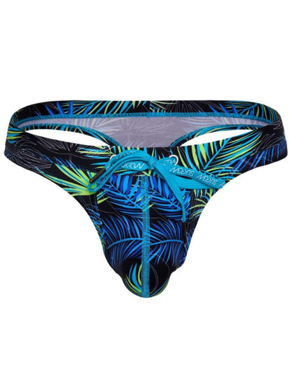Men's low-rise swim thong featuring a vibrant blue and green palm leaf pattern on a black base, with a matching blue drawstring bow at the front.