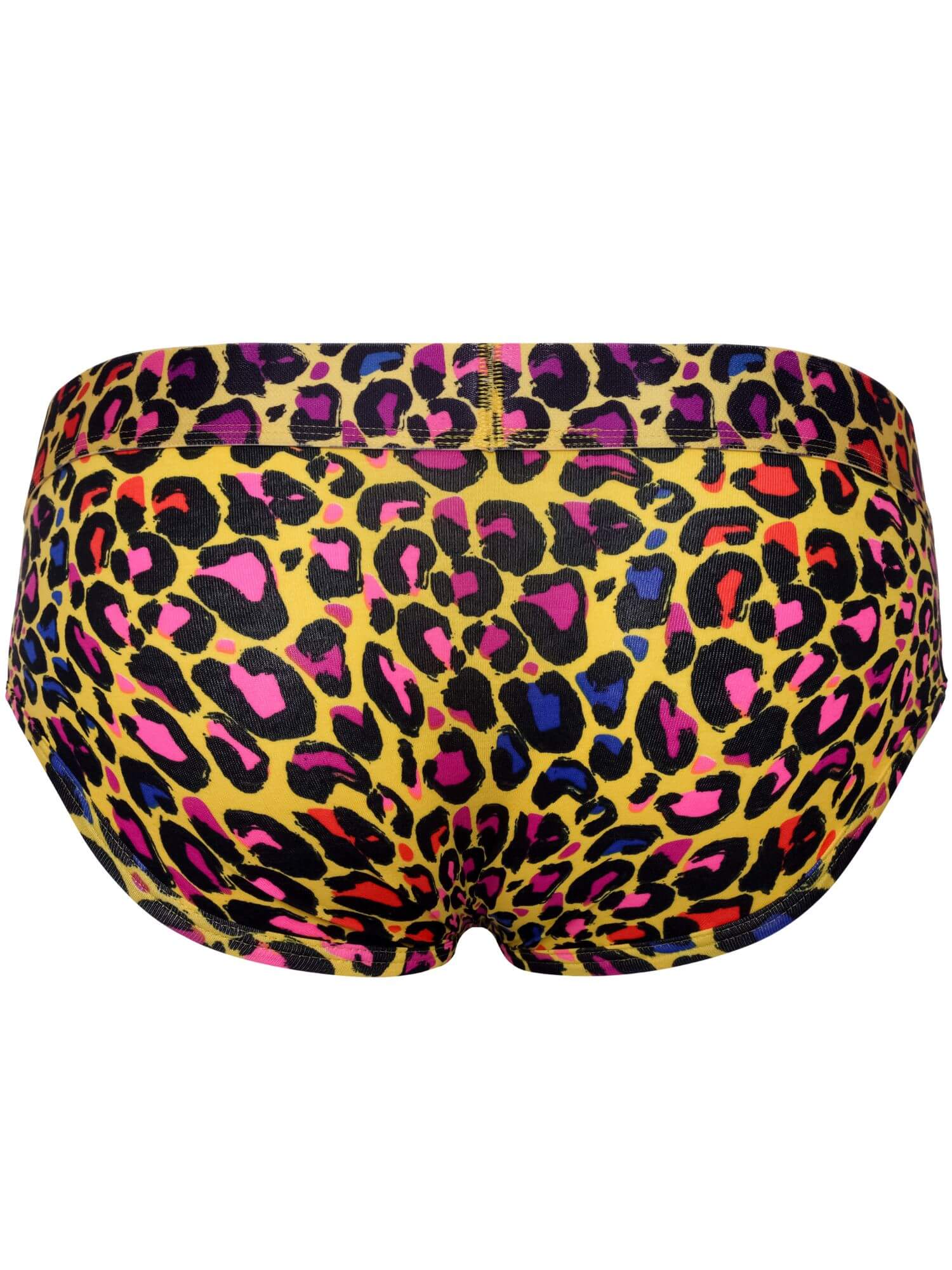 A pair of mens bikini bottoms featuring a vibrant multicolor leopard print pattern with yellow, black, pink, purple, and blue spots, shown against a plain white background.
