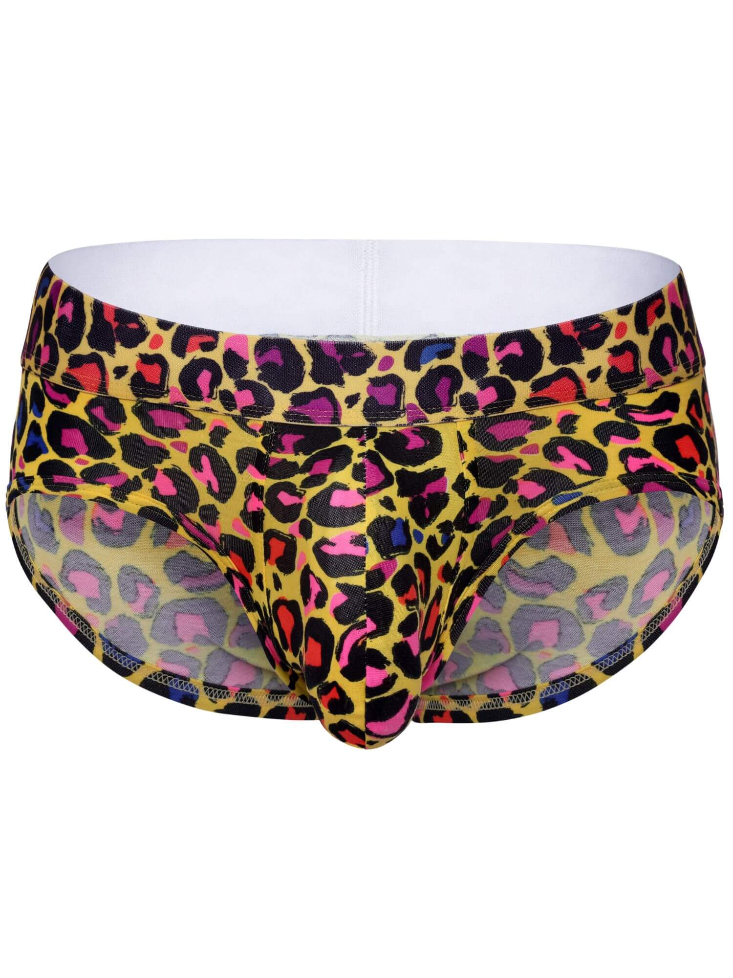 Men's briefs featuring a vibrant multicolor leopard print pattern with pink, purple, blue, and black spots on a yellow base, with a solid white waistband.