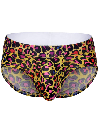 Men's briefs featuring a vibrant multicolor leopard print pattern with pink, purple, blue, and black spots on a yellow base, with a solid white waistband.