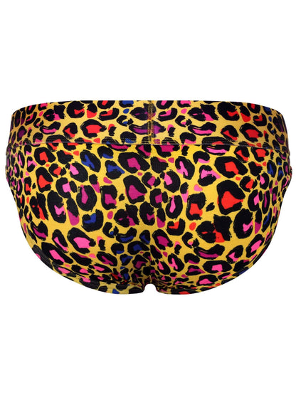 A pair of men's briefs featuring a vibrant leopard print pattern with black, pink, blue, and red spots on a bright yellow background.