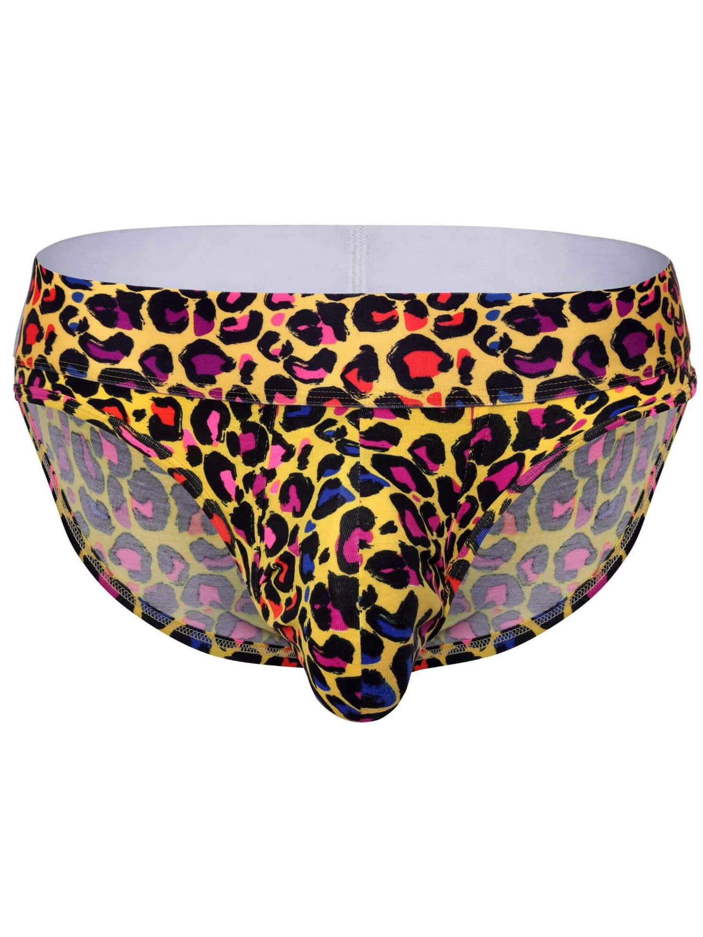 Men's low-rise swim briefs featuring a vibrant yellow, pink, purple, and black leopard print pattern, shown against a plain white background.