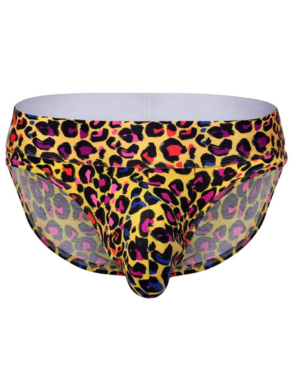 Men's low-rise swim briefs featuring a vibrant yellow, pink, purple, and black leopard print pattern, shown against a plain white background.
