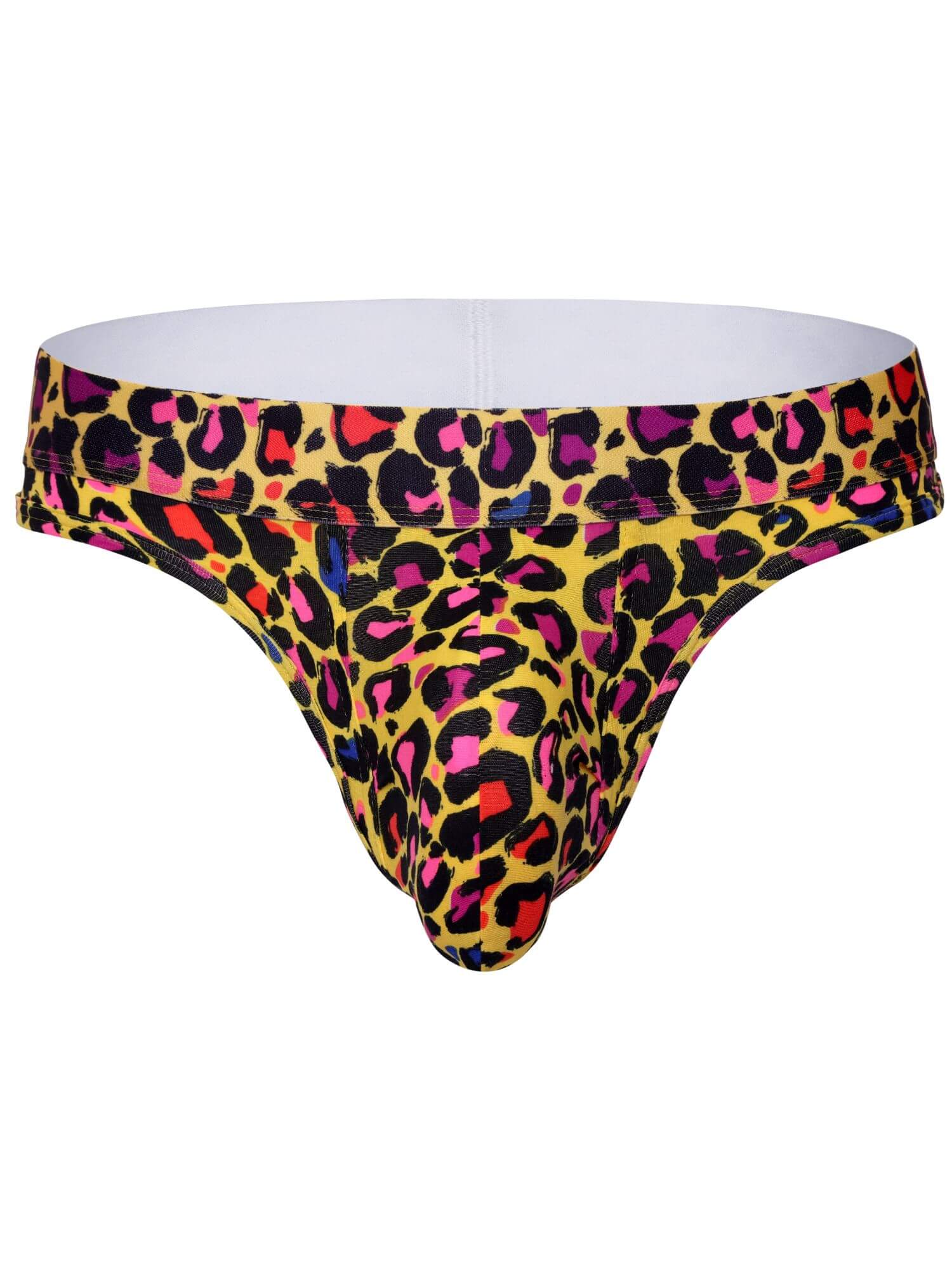A men's low-rise g-string bikini brief featuring a vibrant leopard print pattern with yellow, black, pink, and red spots, shown against a plain white background.