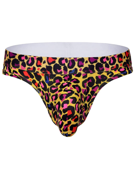 A men's low-rise g-string bikini brief featuring a vibrant leopard print pattern with yellow, black, pink, and red spots, shown against a plain white background.