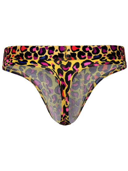 mens thongs featuring a vibrant multicolor leopard print pattern with yellow, black, pink, and purple tones, shown against a plain white background.