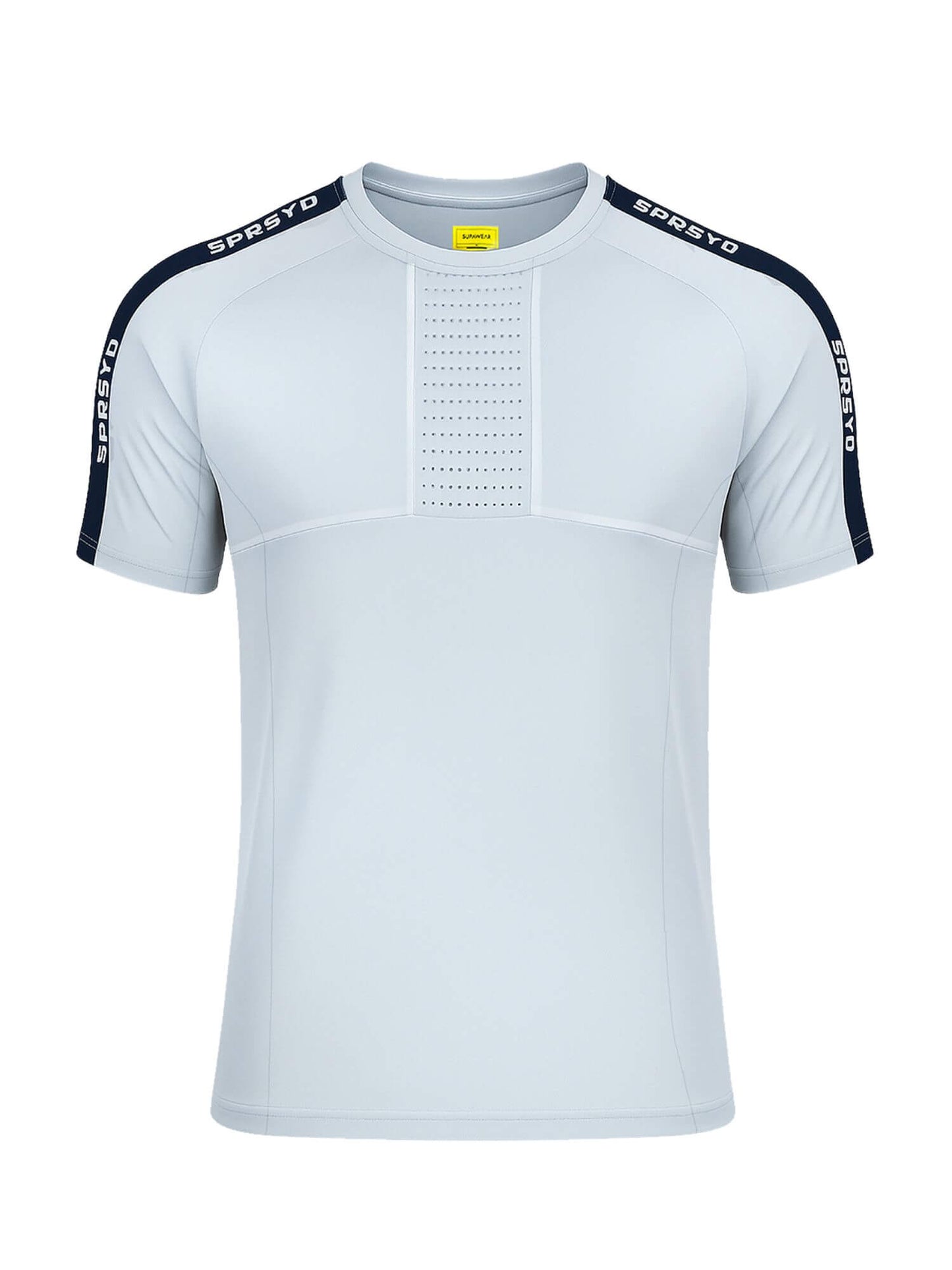White t-shirt with black sleeves and branding on a white background