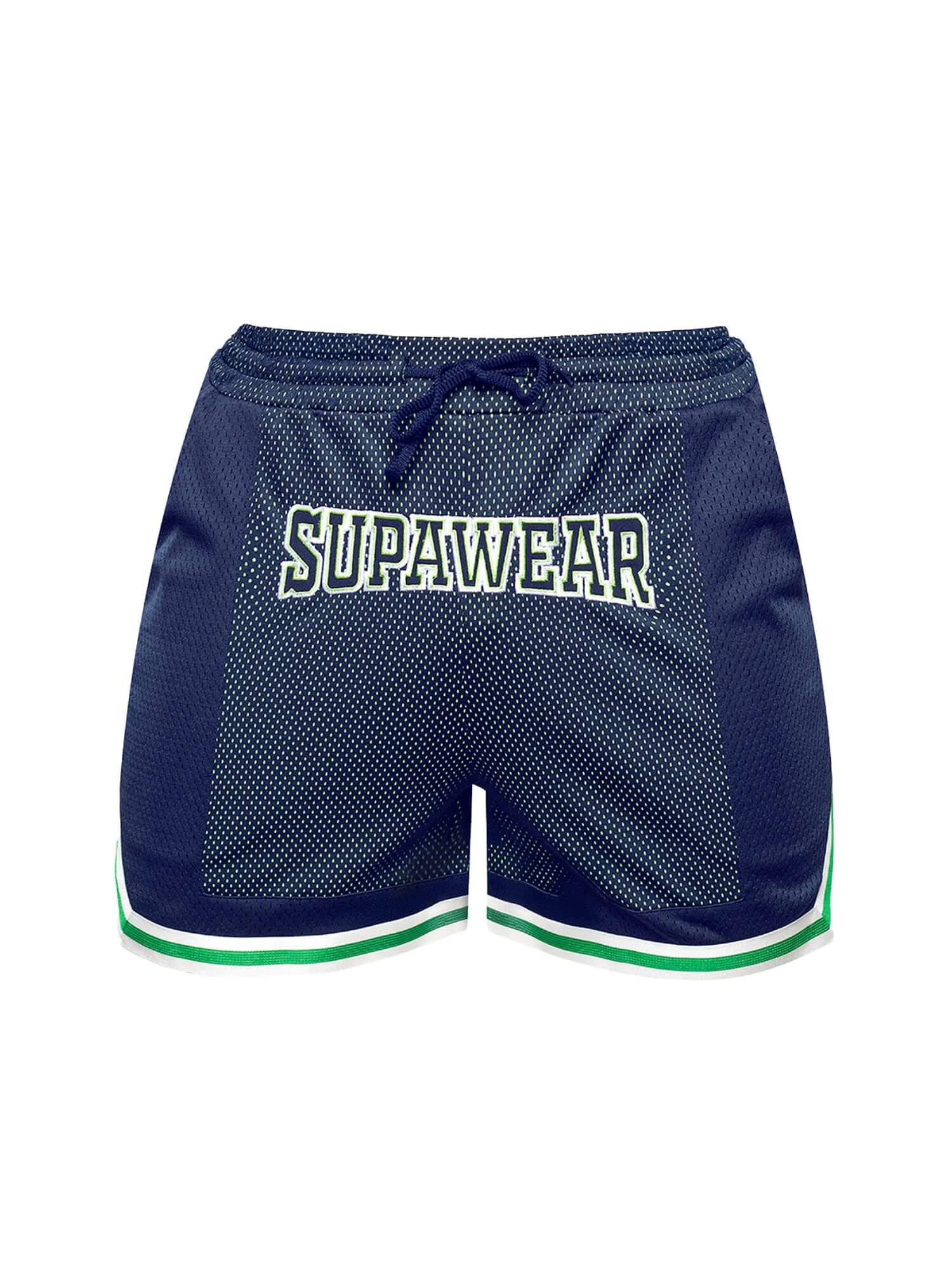 Navy blue athletic shorts with 'Supawear' branding on a white background