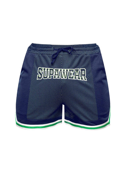Navy blue athletic shorts with 'Supawear' branding on a white background