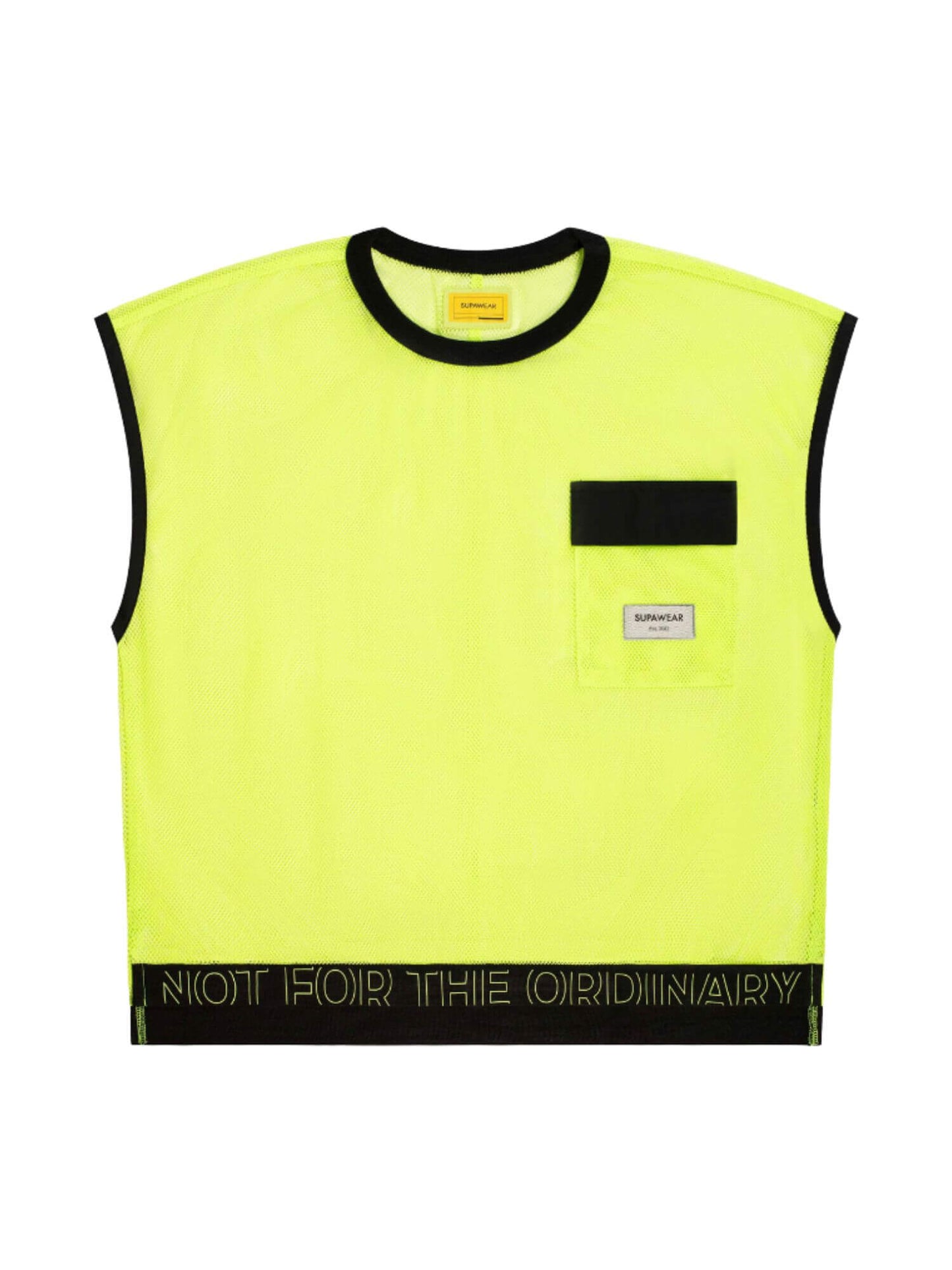 Yellow sleeveless shirt with black accents on a white background