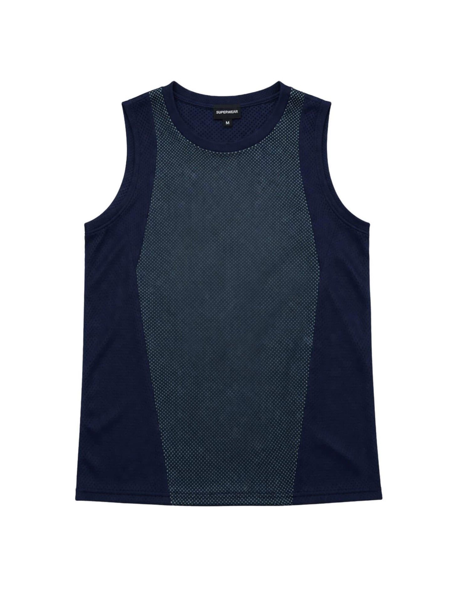 Sleeveless athletic shirt with dark blue and gray design on a white background