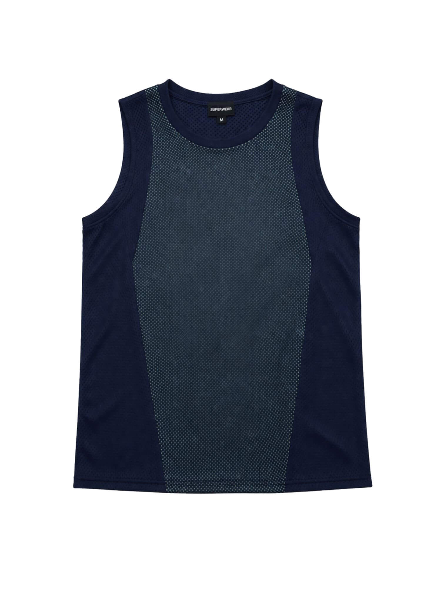 Sleeveless athletic shirt with dark blue and gray design on a white background