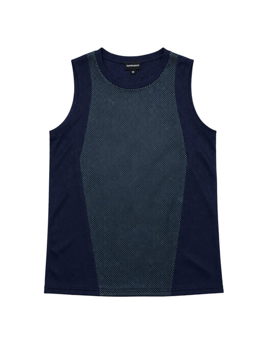 Sleeveless athletic shirt with dark blue and gray design on a white background