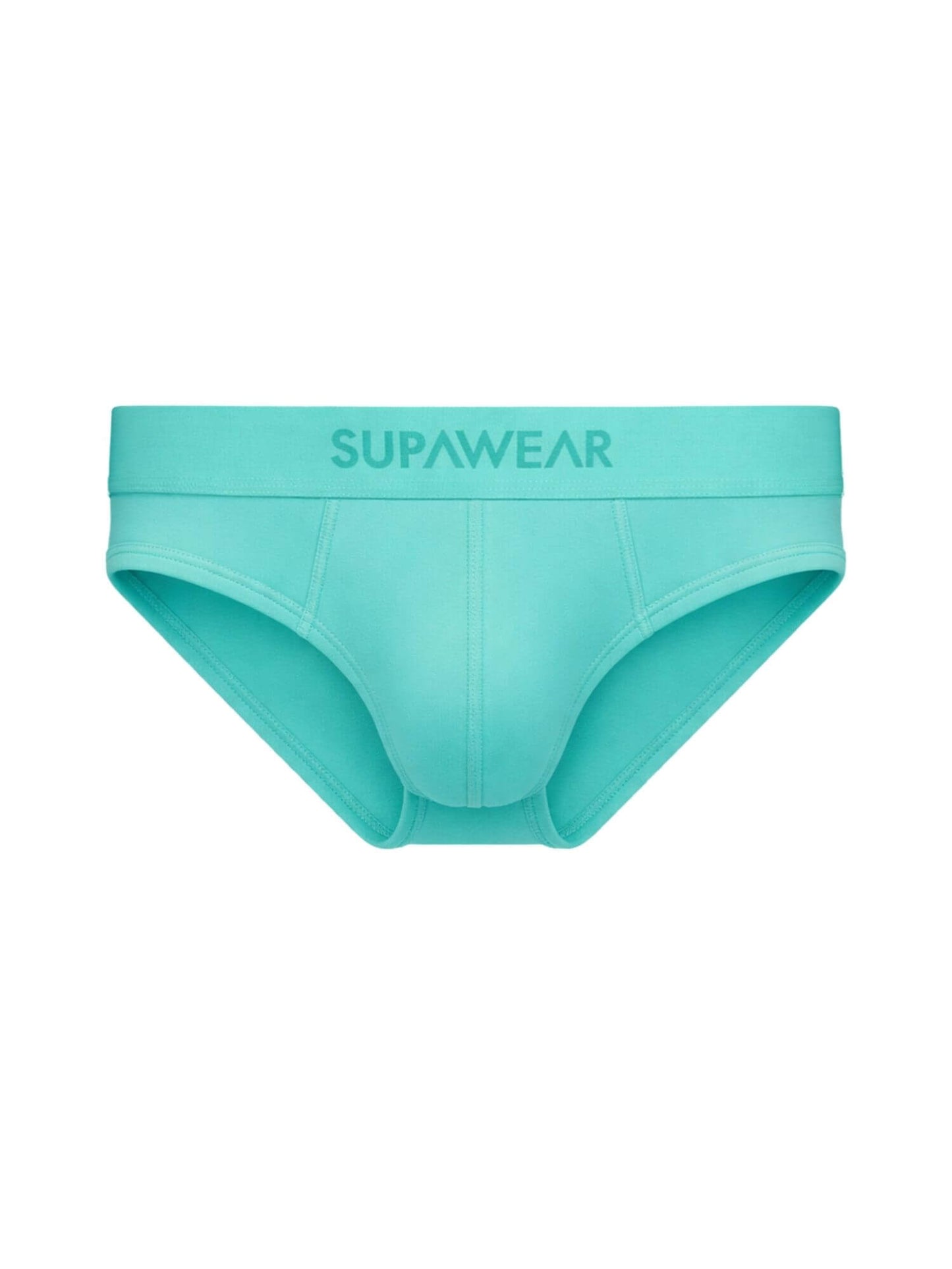 A pair of men's briefs in a vibrant mint green color, featuring the brand name 'SUPAWEAR' printed in matching green on the front waistband, set against a plain white background.