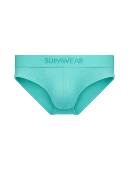 A pair of men's briefs in a vibrant mint green color, featuring the brand name 'SUPAWEAR' printed in matching green on the front waistband, set against a plain white background.