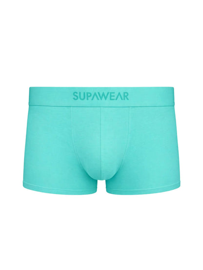 A pair of men's boxer briefs in a vibrant mint green color, featuring the brand name 'SUPAWEAR' printed in matching green on the front waistband, set against a plain white background.