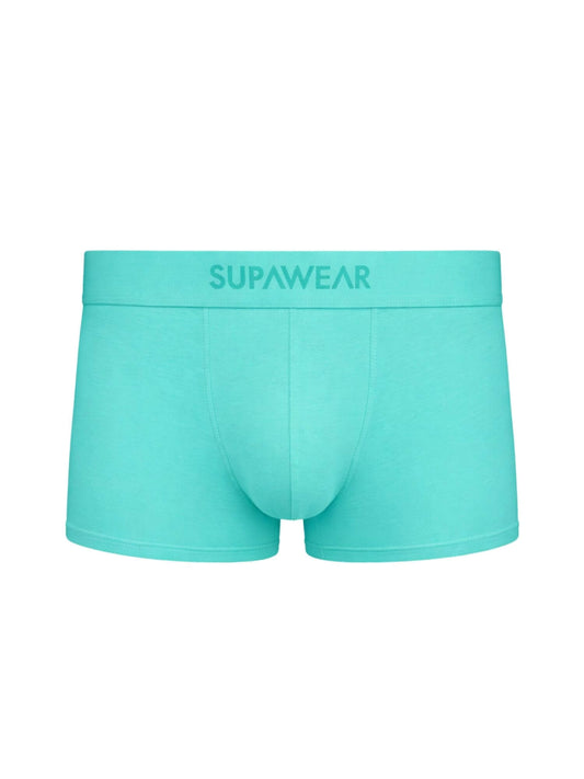 A pair of men's boxer briefs in a vibrant mint green color, featuring the brand name 'SUPAWEAR' printed in matching green on the front waistband, set against a plain white background.