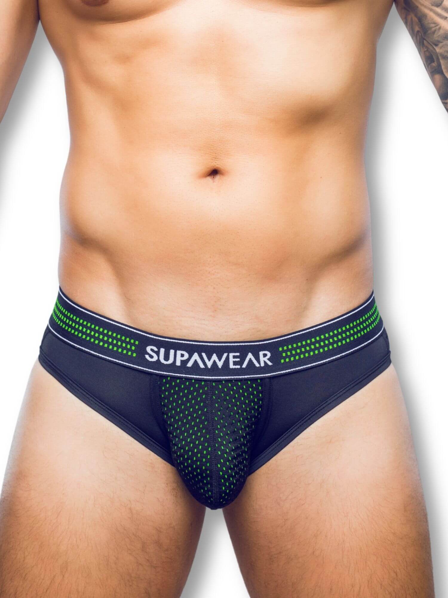 black men's underwear with green accents and 'Supawear' branding on a white background