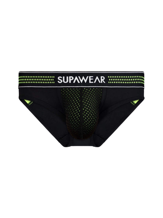 Black men's underwear with green accents and Supawear branding on a white background