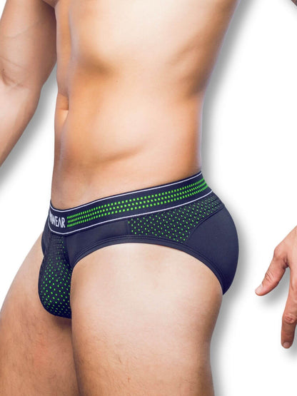 black men's underwear with green accents on a white background