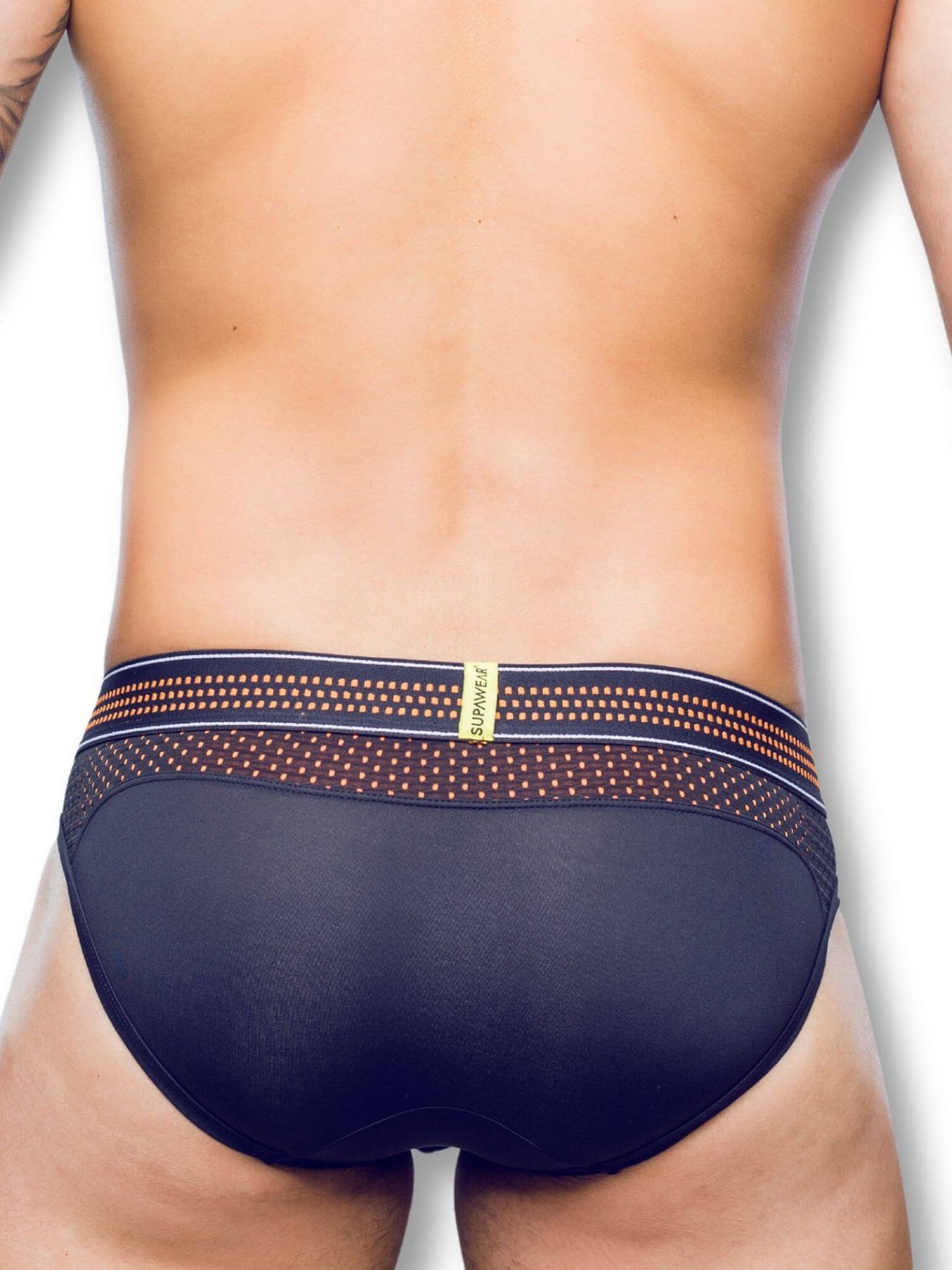 black men's underwear with decorative waistband on a white background