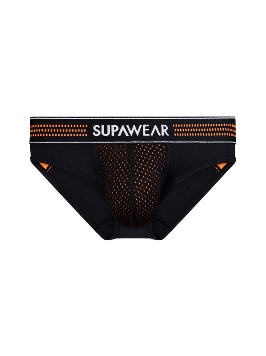 Black men's underwear with orange accents and Supawear branding on a white background