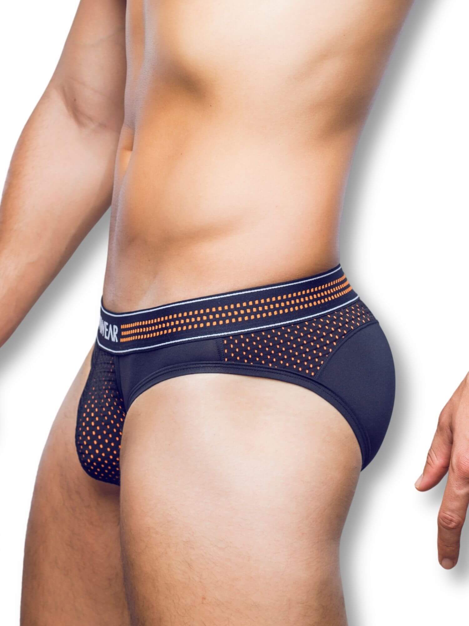 black men's underwear with orange accents on a white background