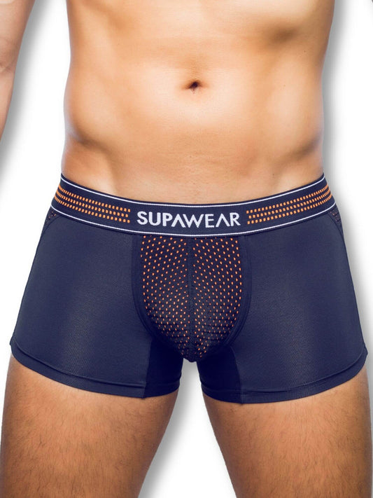 black men's underwear with orange accents and 'Supawear' branding on a white background