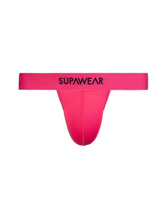 Pink thong with 'SUPAWEAR' branding on a white background