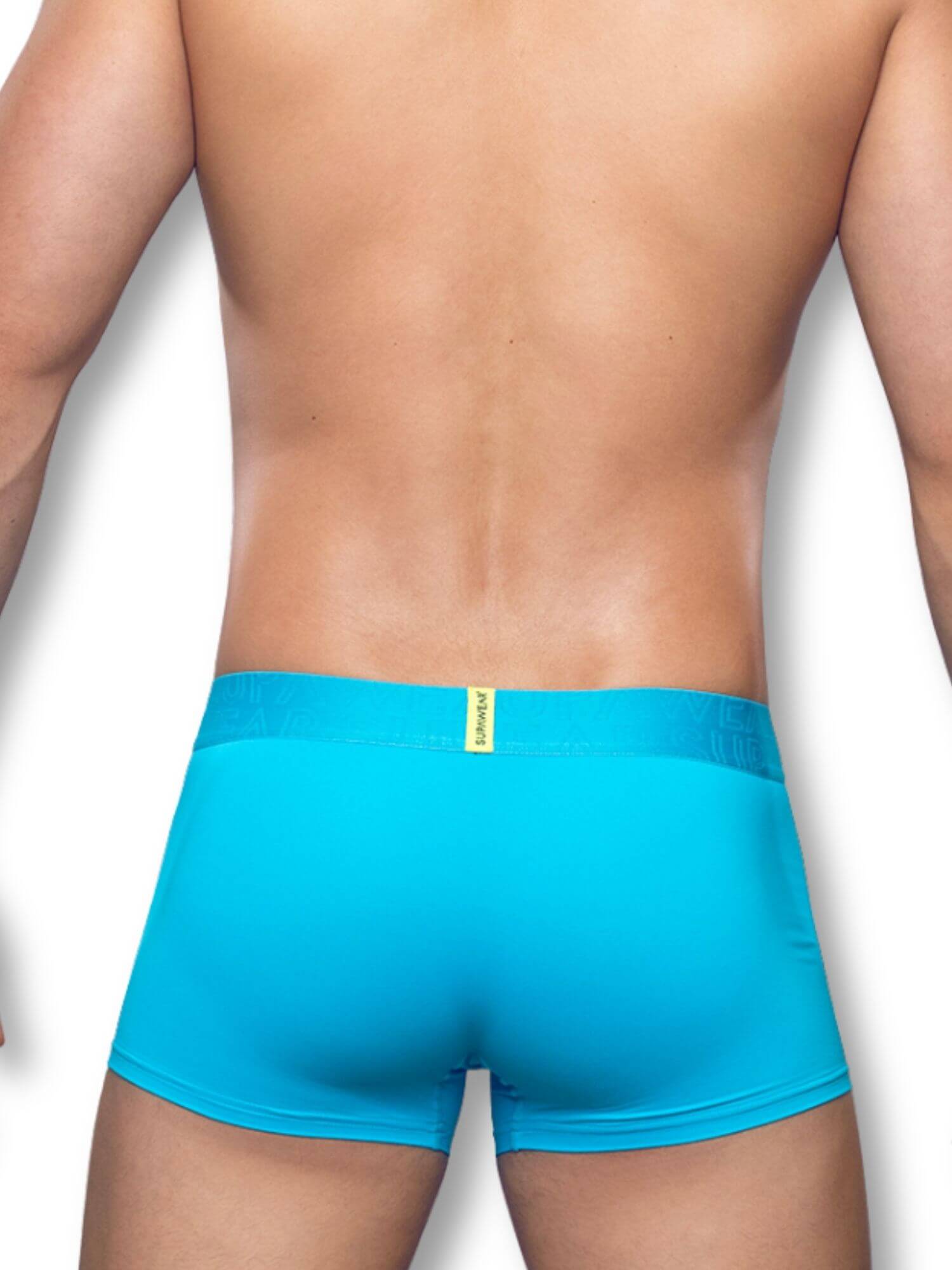 Blue boxer briefs worn by a person on a white background