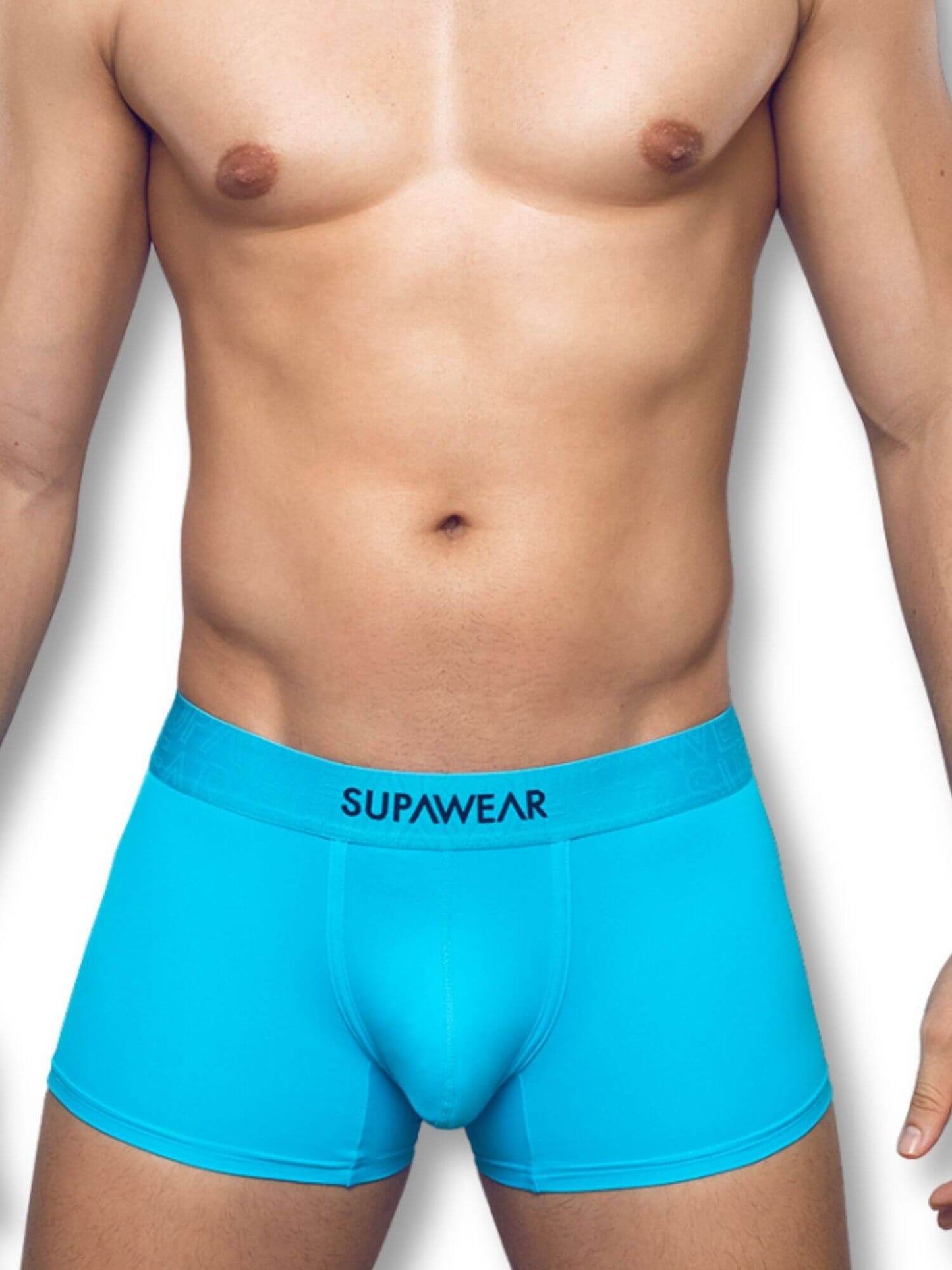 person wearing blue boxer briefs with 'Supawear' branding on a white background