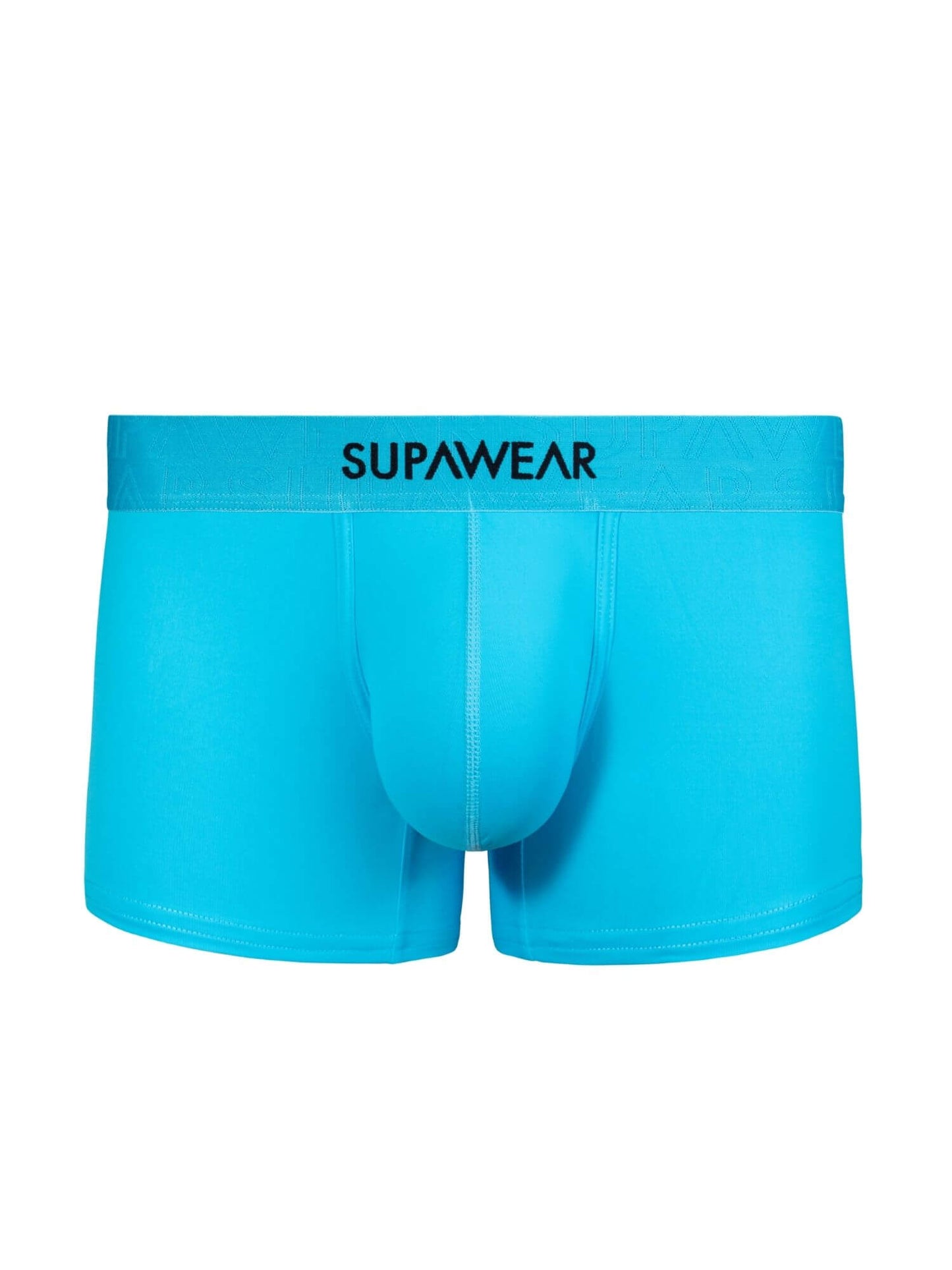 Blue boxer briefs with 'SUPAWEAR' branding on a white background