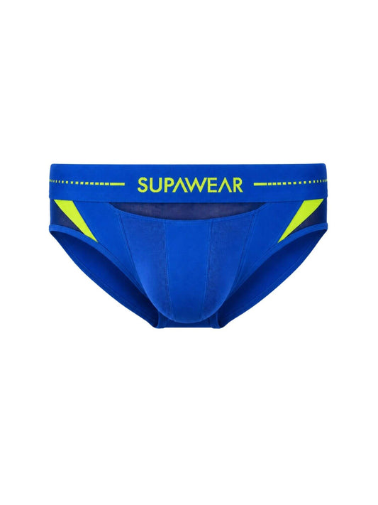 Blue men's swim briefs with a bright yellow-green neon accent on the sides and the brand name 'SUPAWEAR' printed in yellow on the waistband, shown against a plain white background.