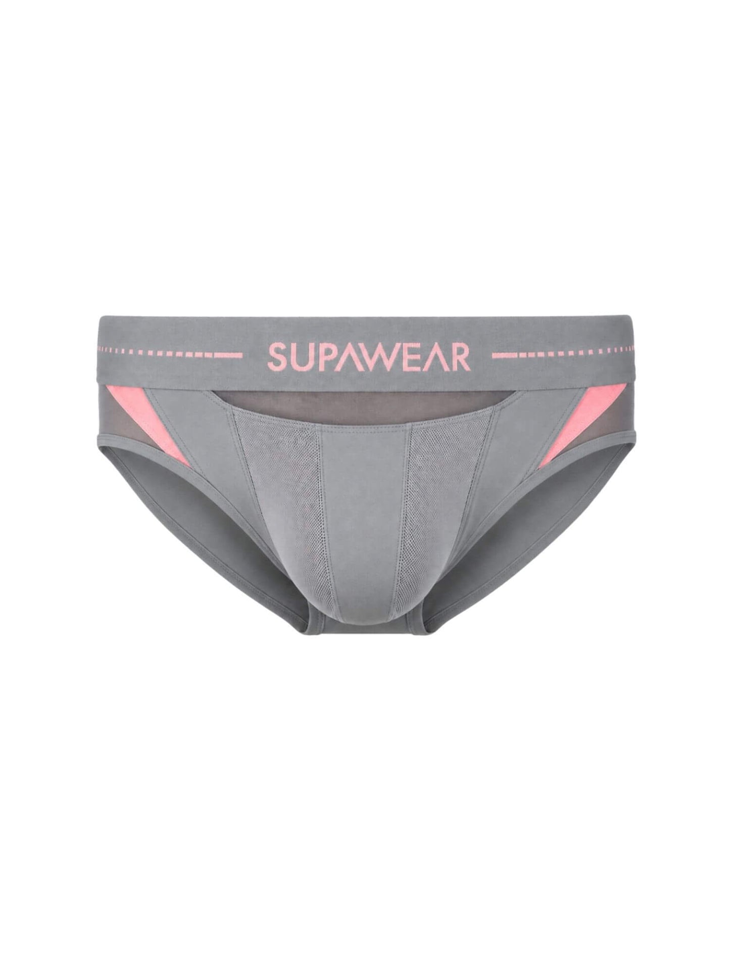 Gray men's briefs with pink accents and the brand name SUPAWEAR printed on the waistband, shown against a plain white background.