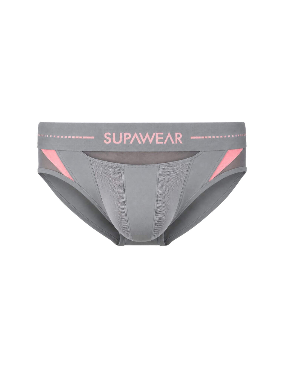 Gray men's briefs with pink accents and the brand name SUPAWEAR printed on the waistband, shown against a plain white background.