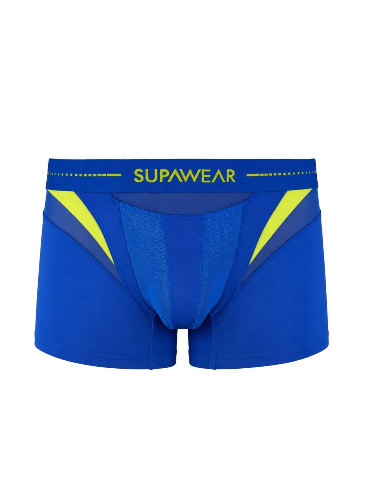 Blue athletic boxer briefs with yellow accents and the brand name SUPAWEAR on the waistband, shown against a plain white background.