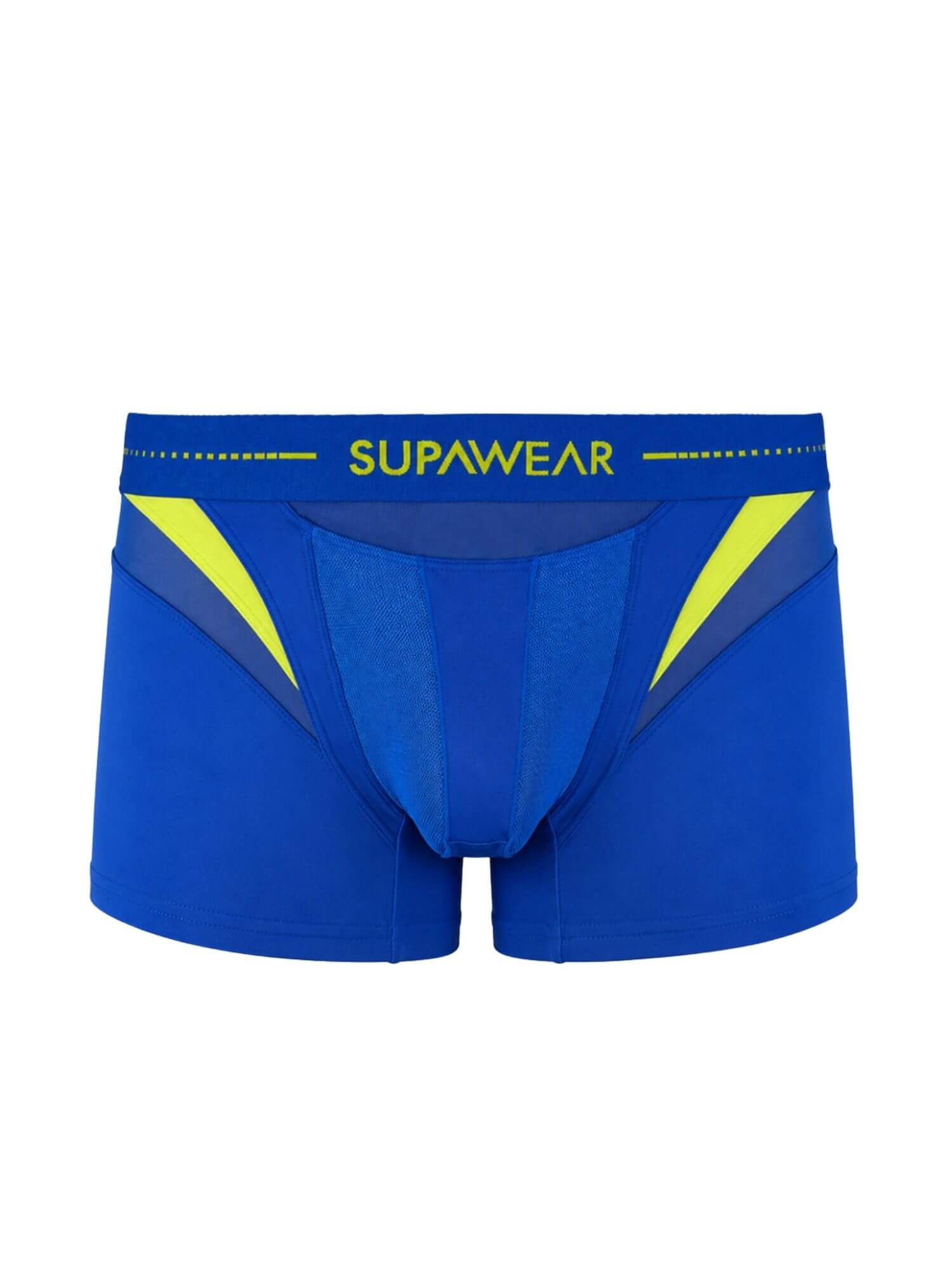 Blue athletic boxer briefs with yellow accents and the brand name SUPAWEAR on the waistband, shown against a plain white background.